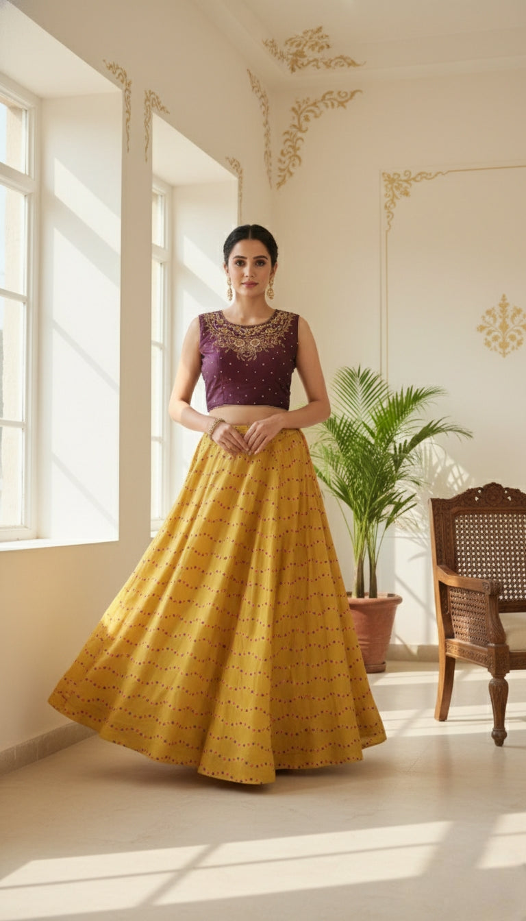 Women Multicolour Embroidery Silk Crop Top Lehenga