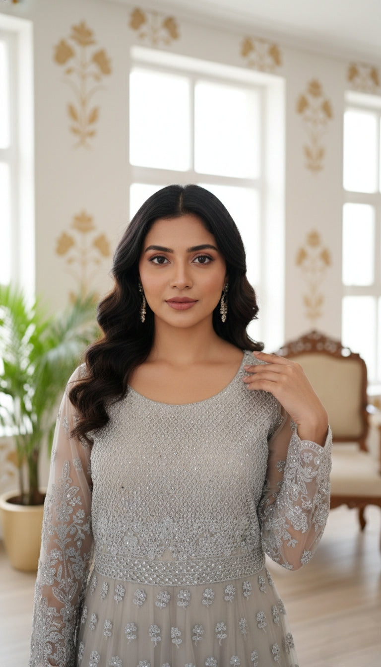 Women Pista Green Embroidery Net Long Crop Top Lehenga And Dupatta Set