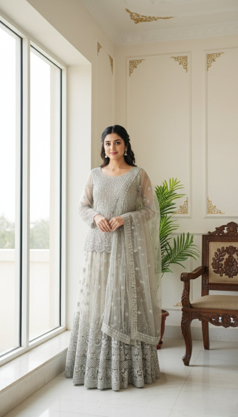 Women Pista Green Embroidery Net Long Crop Top Lehenga And Dupatta Set