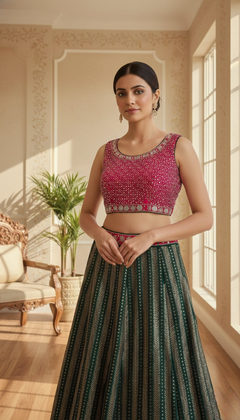 Women Multicolour Embroidery Georgette Crop Top Lehenga And Dupatta Set