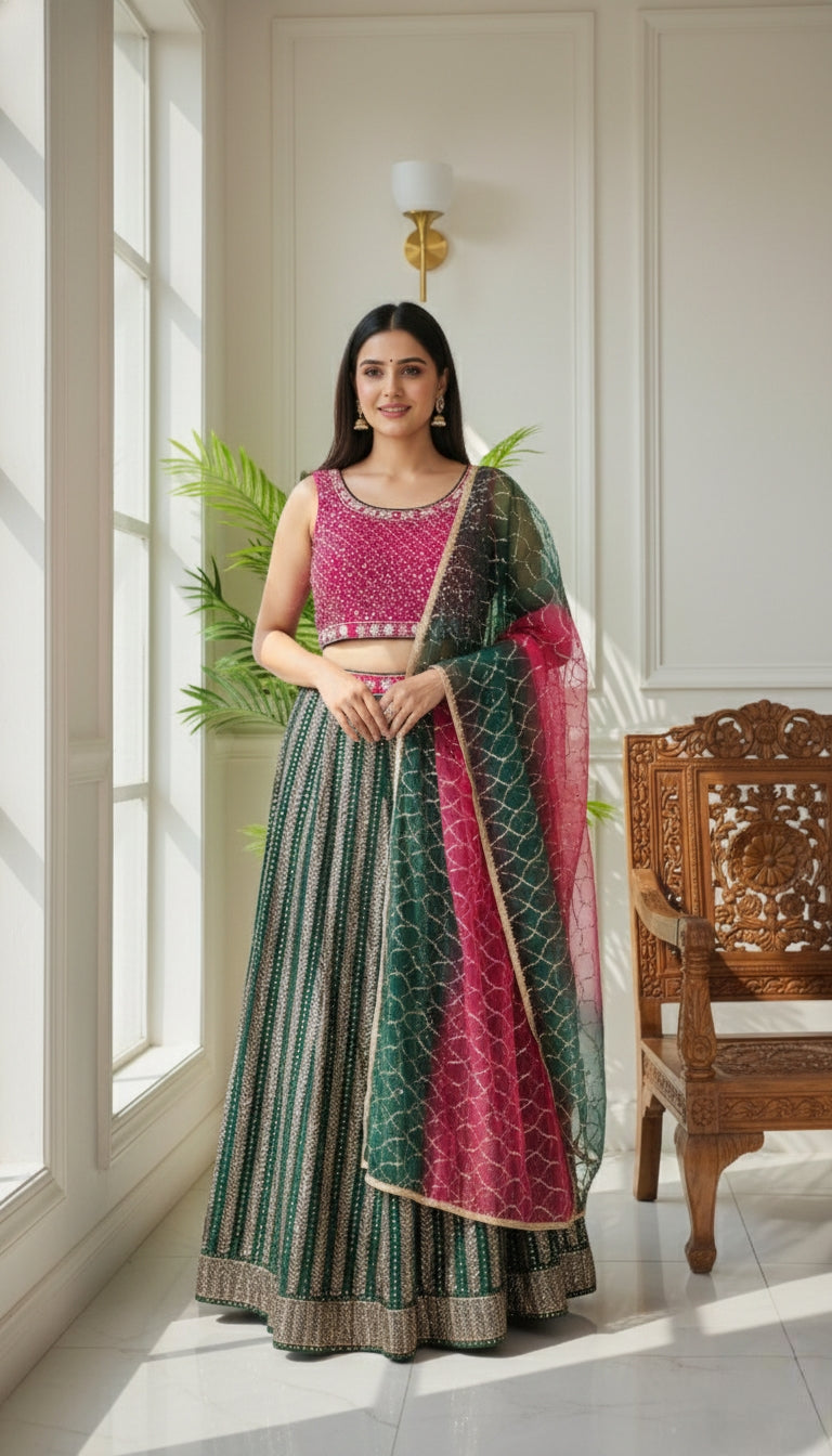 Women Multicolour Embroidery Georgette Crop Top Lehenga And Dupatta Set