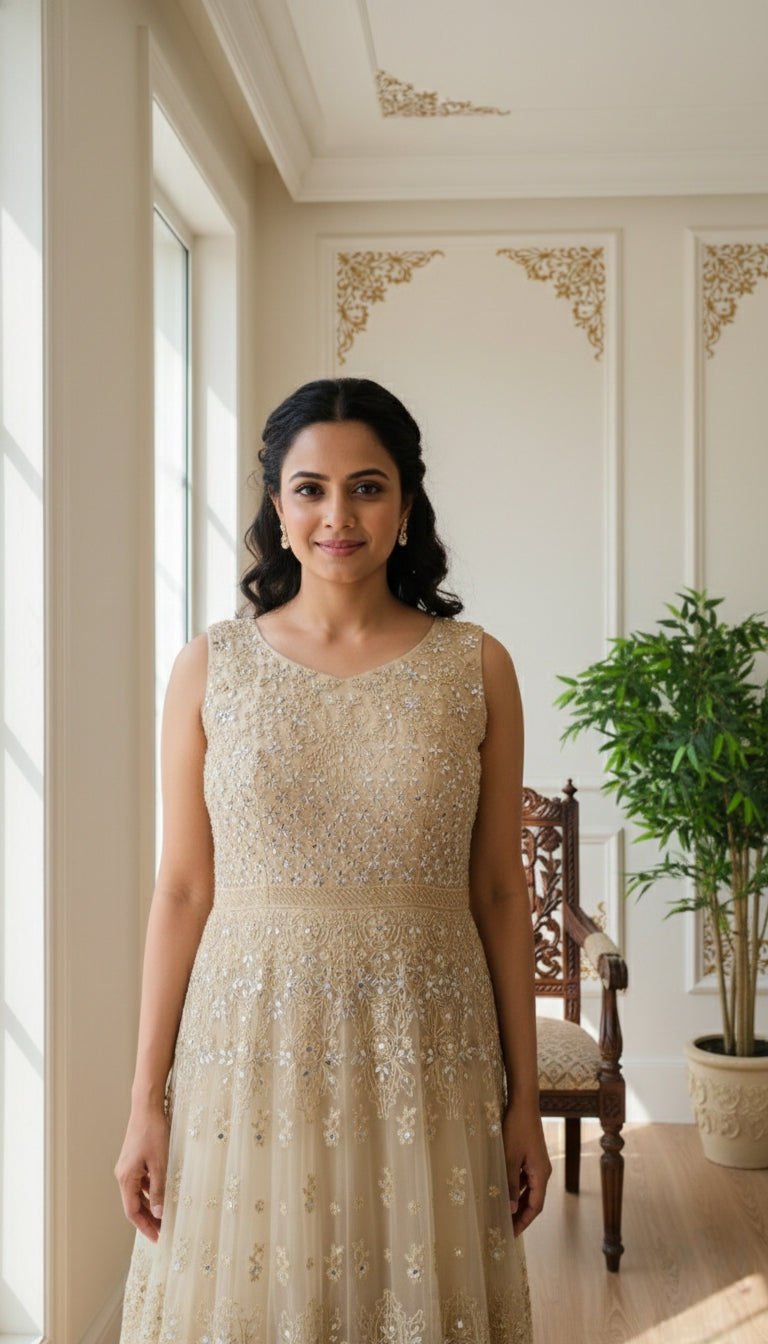 Women Yellow Mirror Work Net Gown