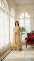 Women Yellow Mirror Work Net Gown