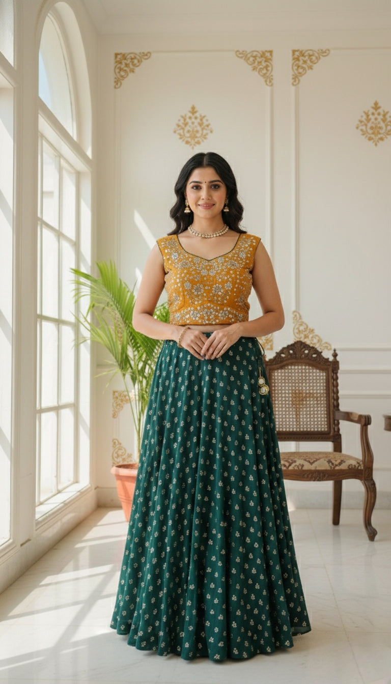 Women Multicolour Embroidery Georgette Crop Top Lehenga And Dupatta