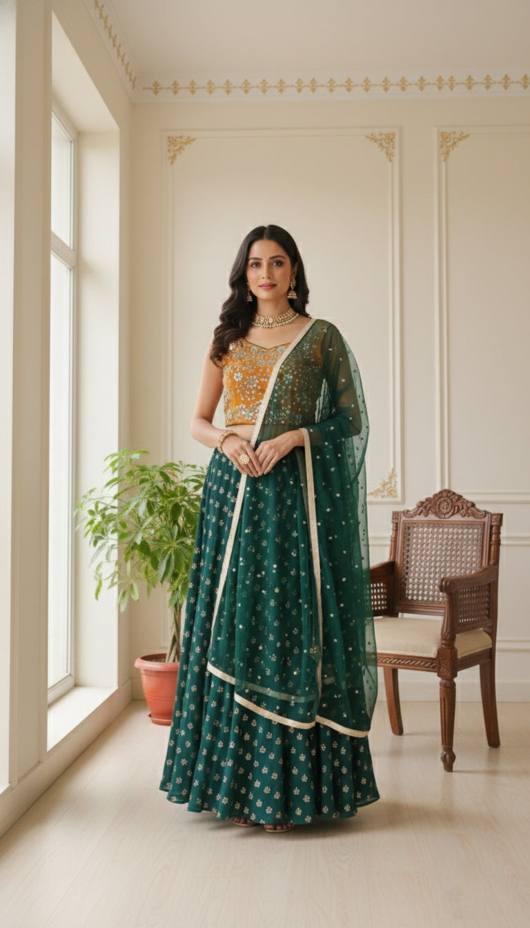 Women Multicolour Embroidery Georgette Crop Top Lehenga And Dupatta