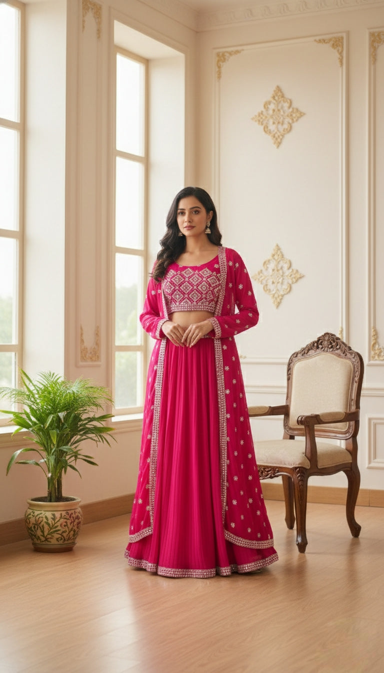 Women Pink Embroidery Georgette Crop Top Lehenga And Shrug