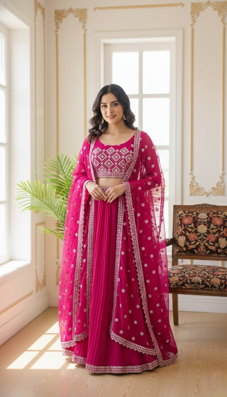 Women Pink Embroidery Georgette Crop Top Lehenga And Shrug