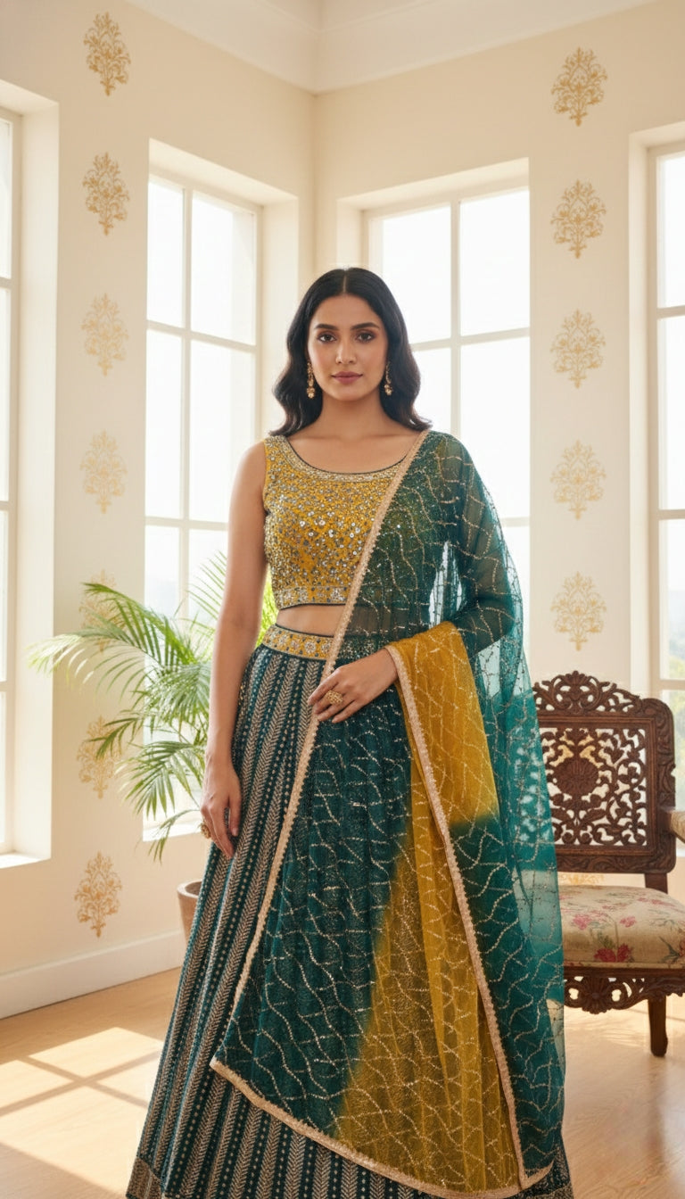 Women Multicolour Embroidery Georgette Crop Top Lehenga And Dupatta Set