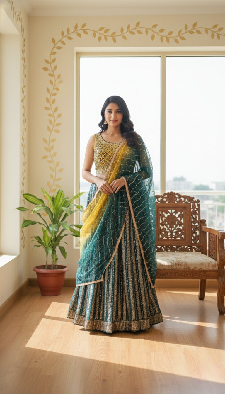 Women Multicolour Embroidery Georgette Crop Top Lehenga And Dupatta Set