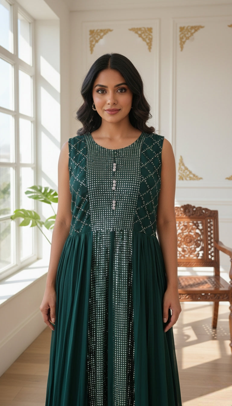 Women Bottom Green Sequence Work Georgette Indo Western Dress