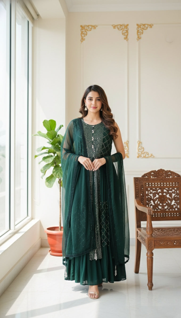 Women Bottom Green Sequence Work Georgette Indo Western Dress