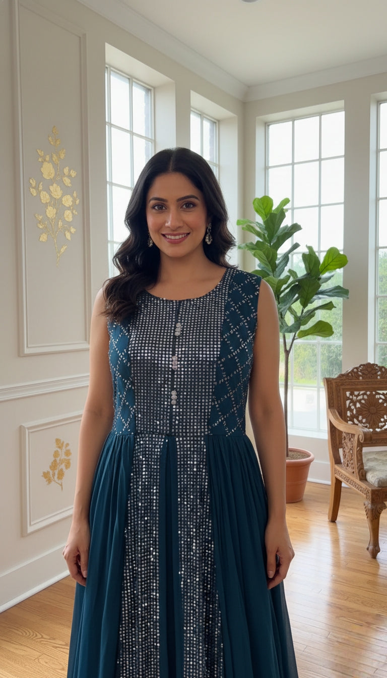 Women Teal Blue Sequence Work Georgette Indo Western Dress