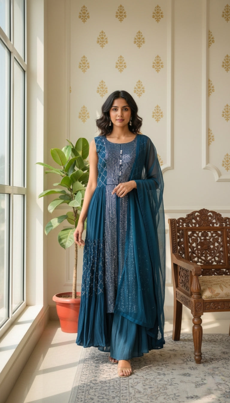 Women Teal Blue Sequence Work Georgette Indo Western Dress