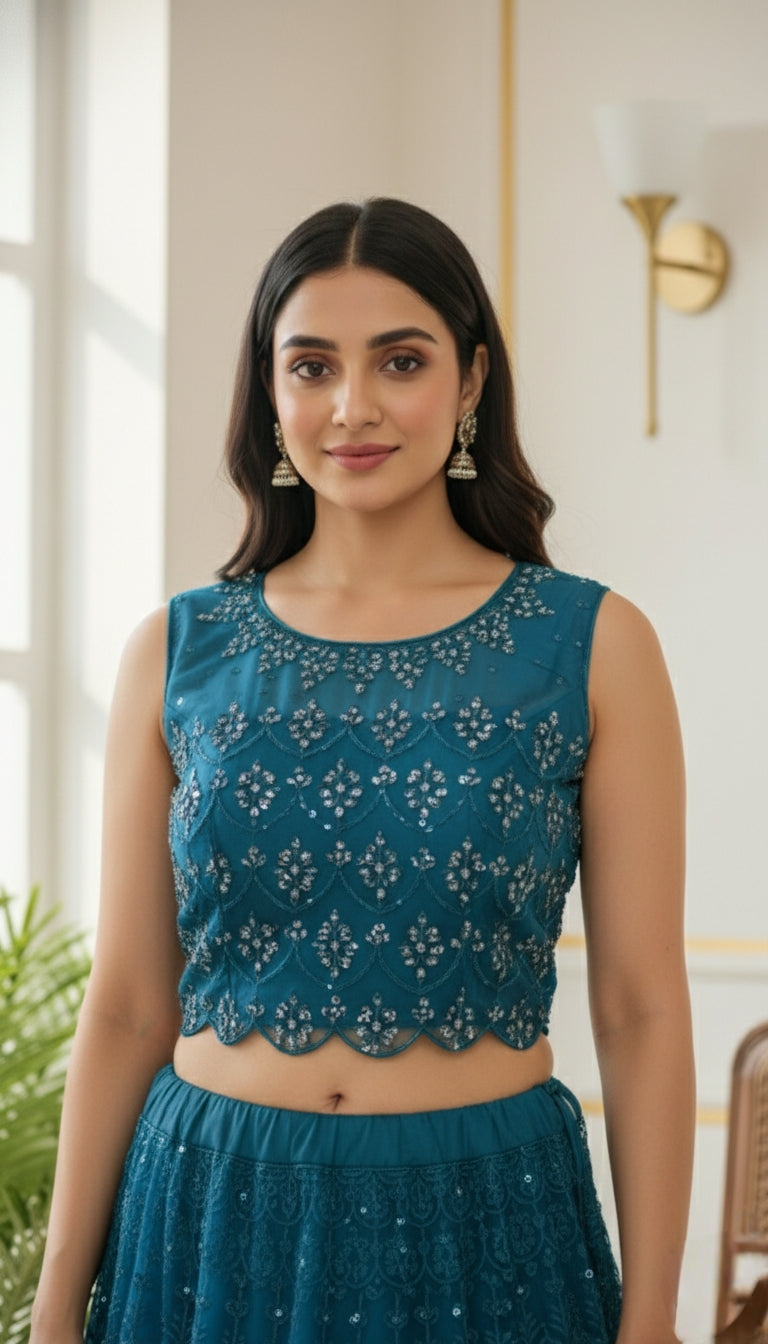 Women Teal Blue Mirror Work Net Croptop Lehenga Set