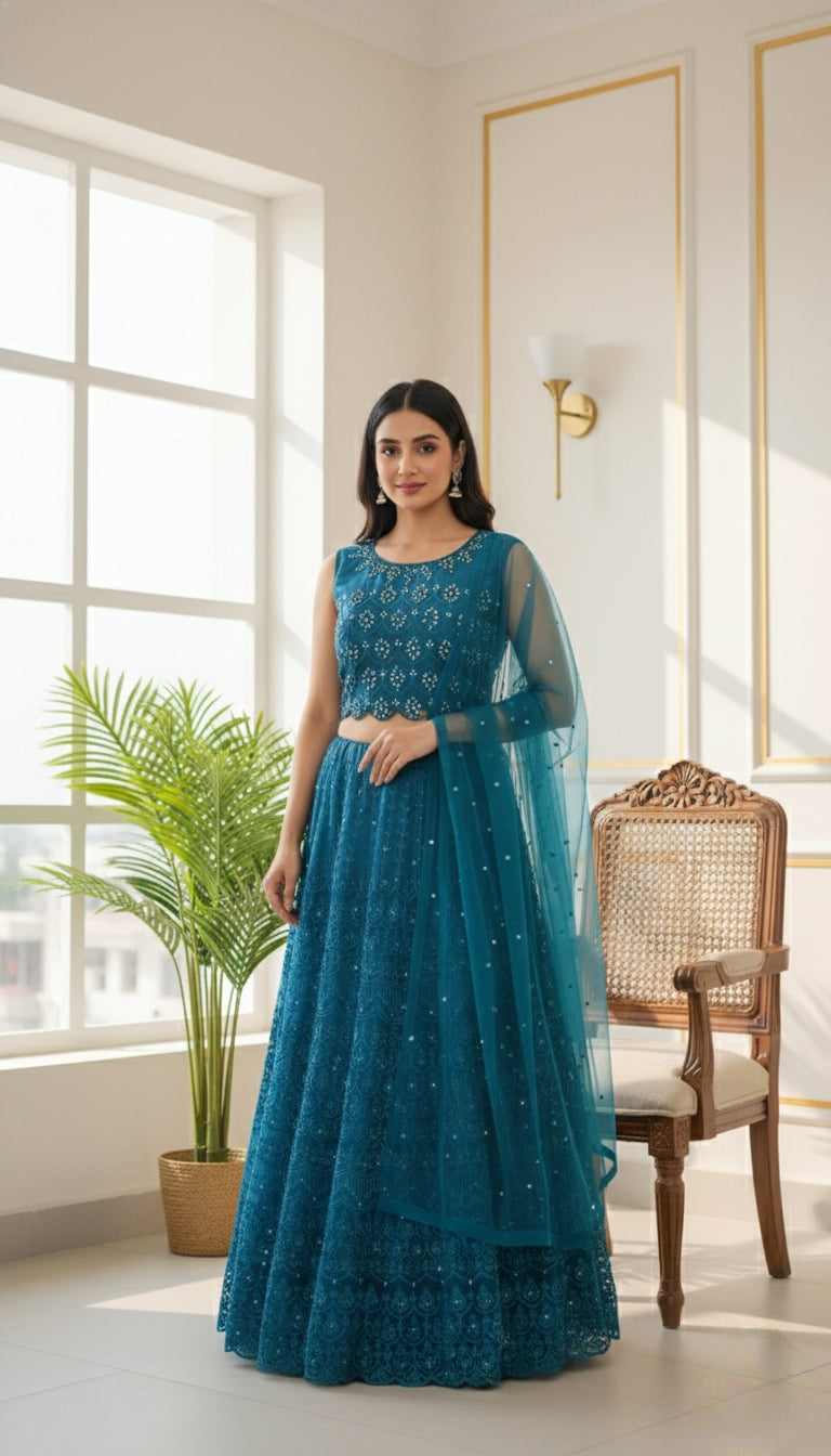 Women Teal Blue Mirror Work Net Croptop Lehenga Set