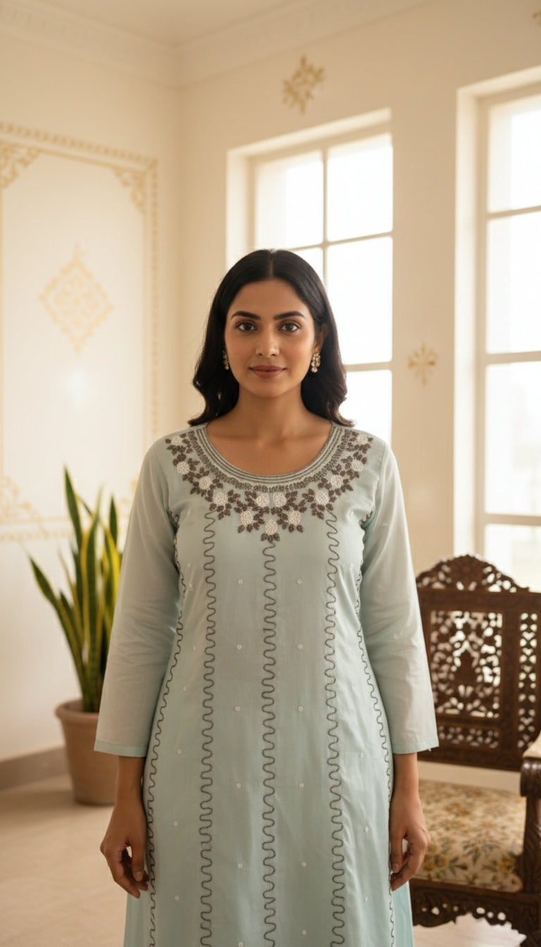 Women Sky Blue Embroidery Silk Sharara Set