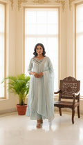 Women Sky Blue Embroidery Silk Sharara Set