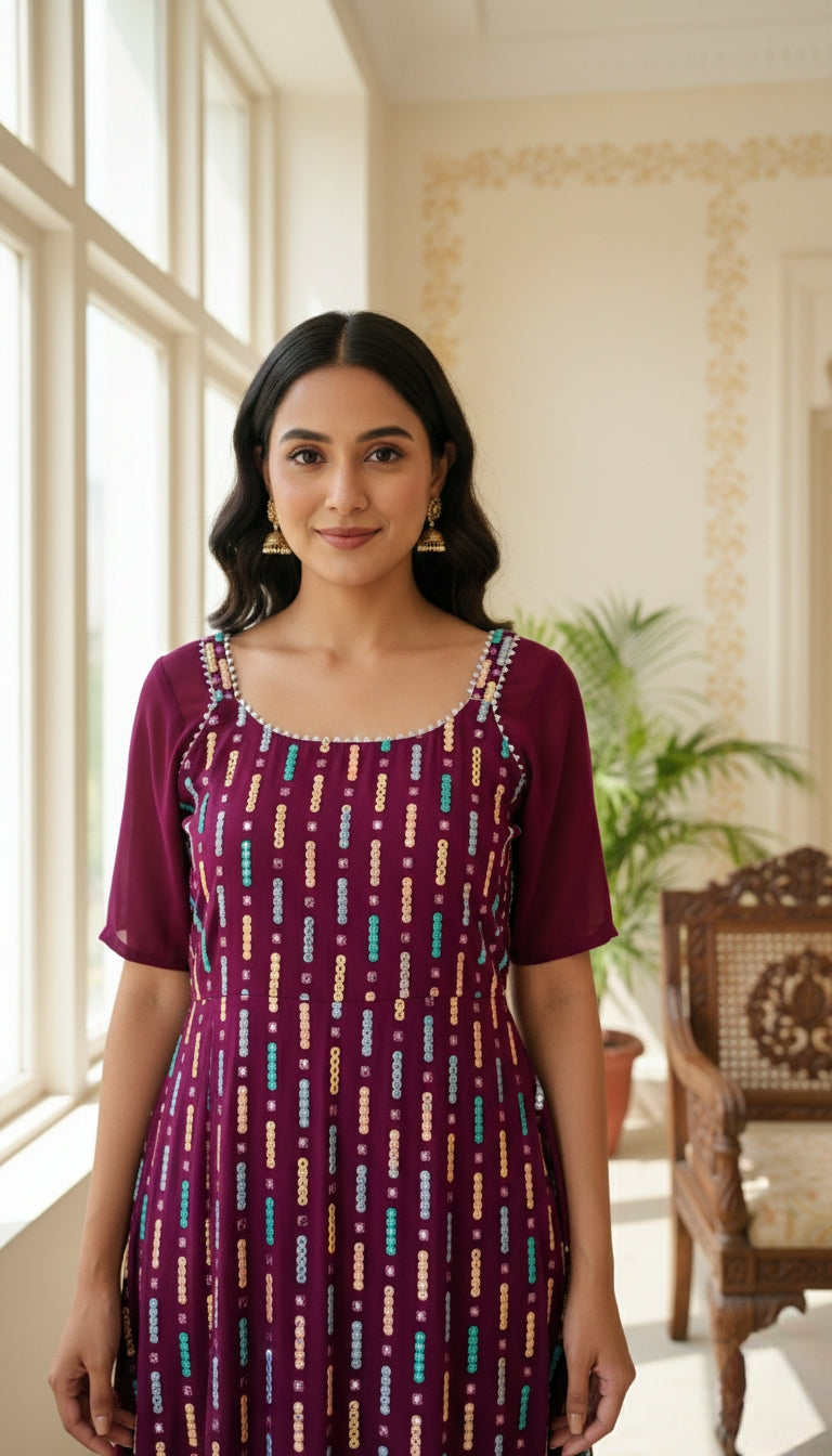 Women Wine Embroidery Georgette Sharara Set