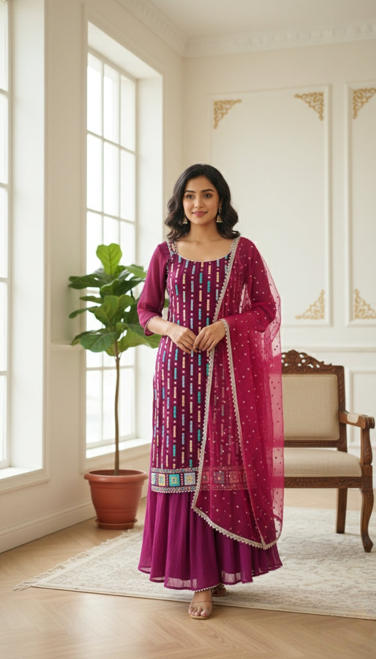 Women Wine Embroidery Georgette Sharara Set