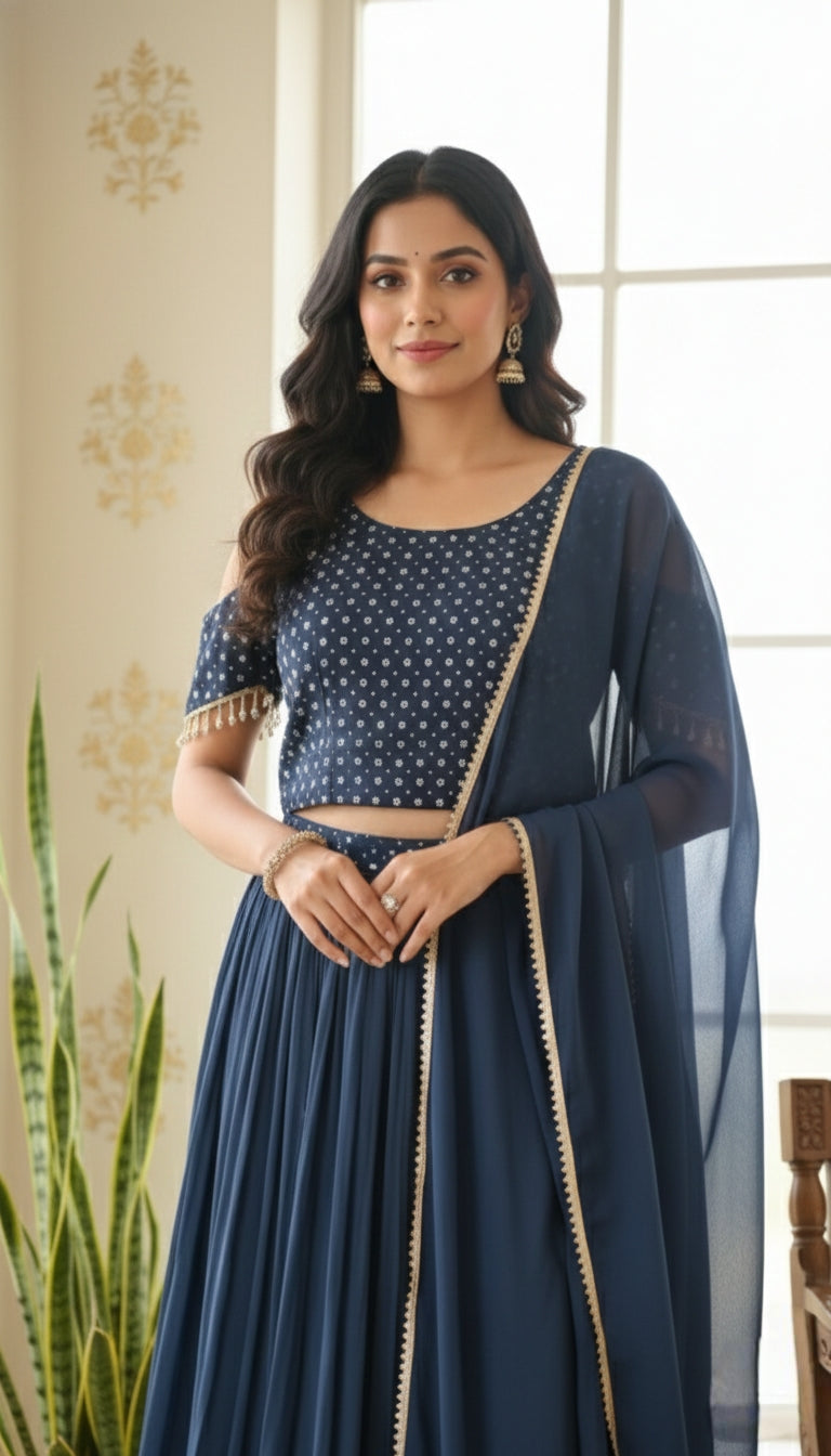 Women Teal Blue Embroidery Georgette Croptop Lehenga Set