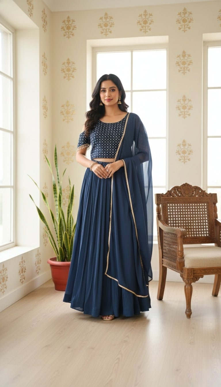 Women Teal Blue Embroidery Georgette Croptop Lehenga Set