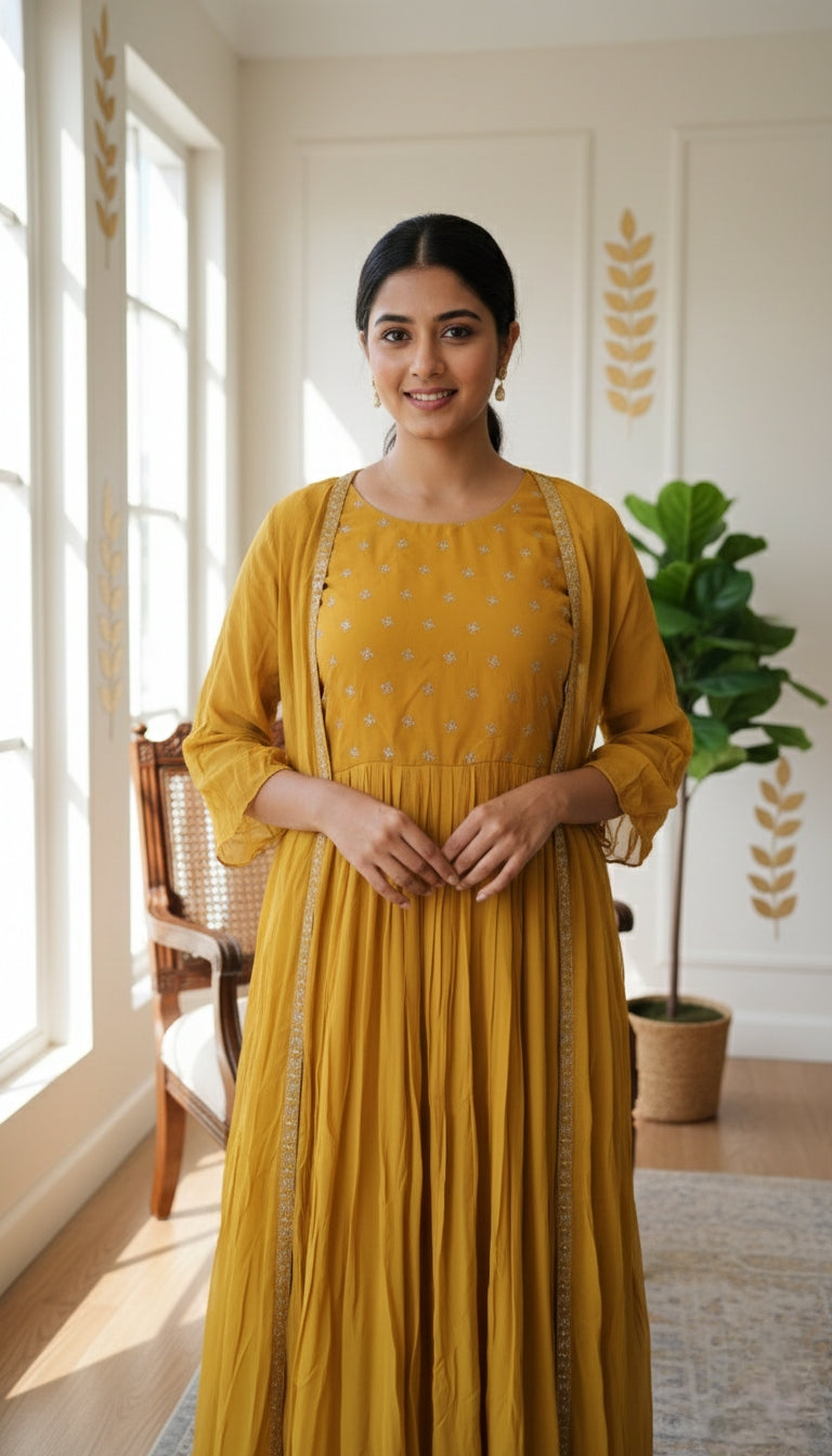 Women Mustard Yellow Embroidery Georgette Skirt Croptop Shrug Dress