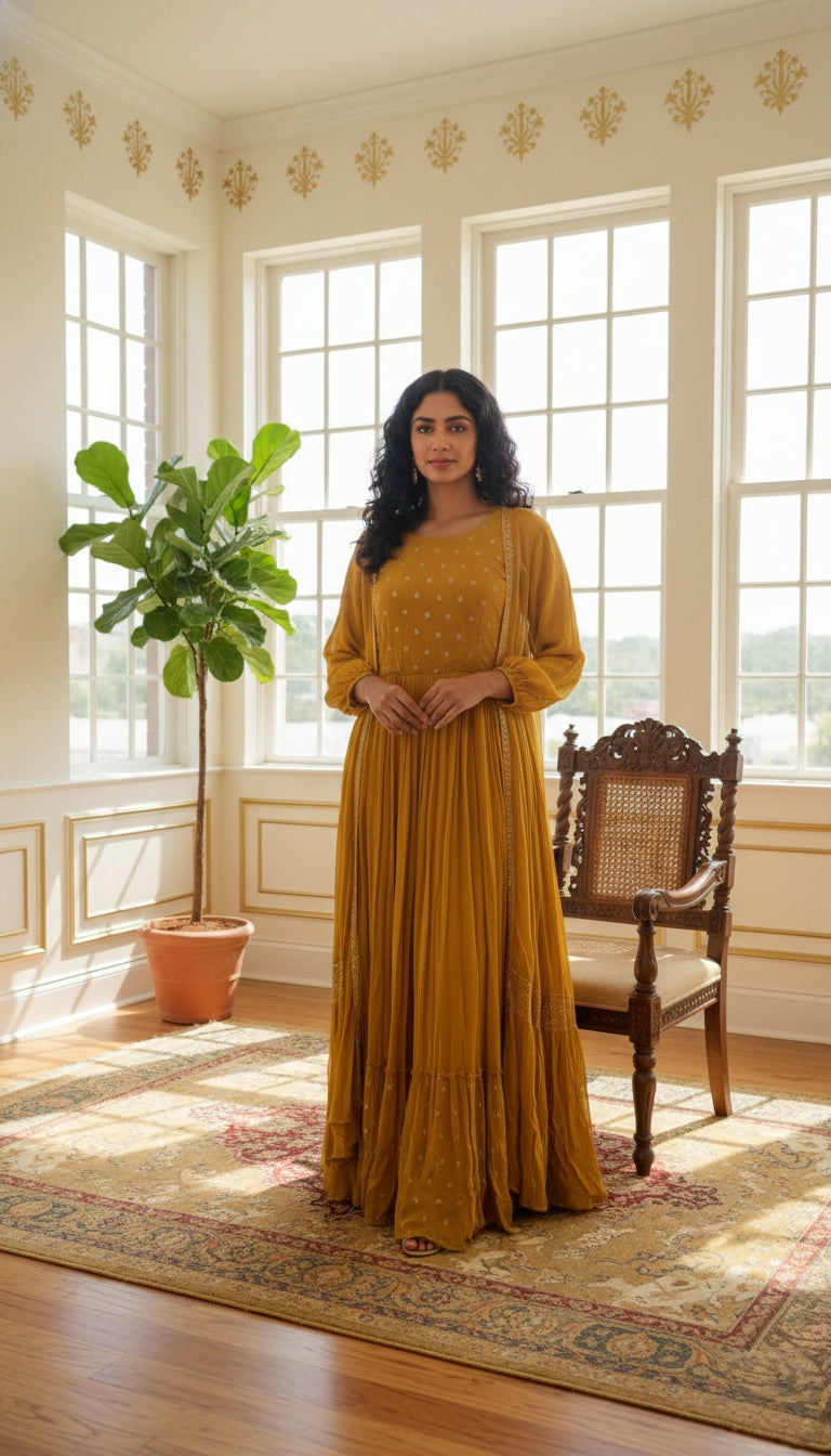 Women Mustard Yellow Embroidery Georgette Skirt Croptop Shrug Dress