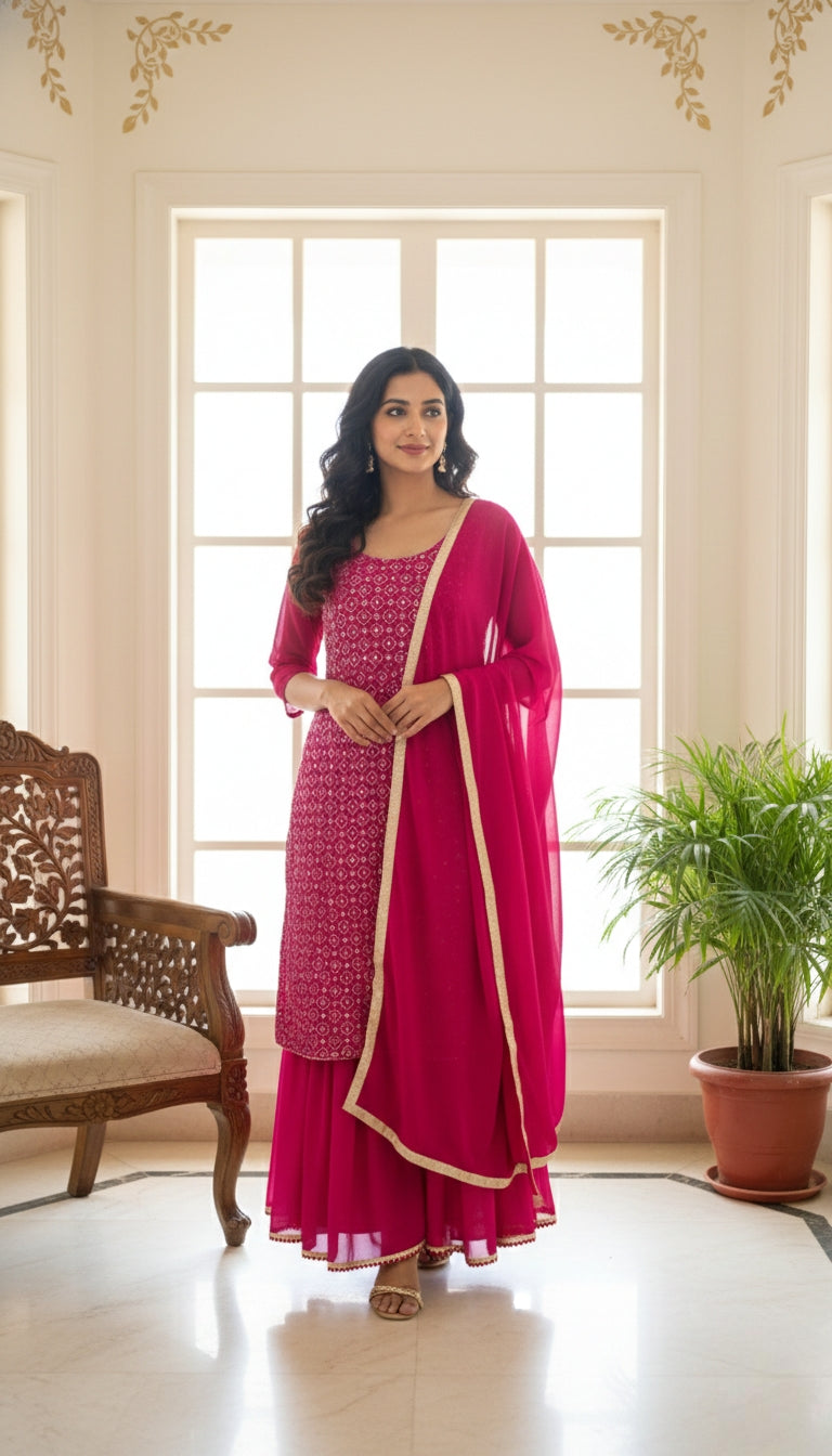 Women Pink Embroidery Georgette Sharara Dress