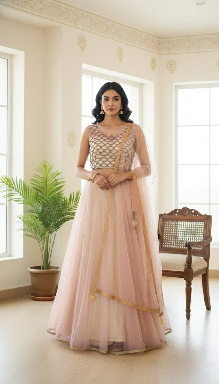 Women Light Pink Embroidery Net Crop Top Lehenga Set