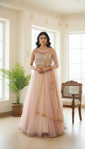 Women Light Pink Embroidery Net Crop Top Lehenga Set