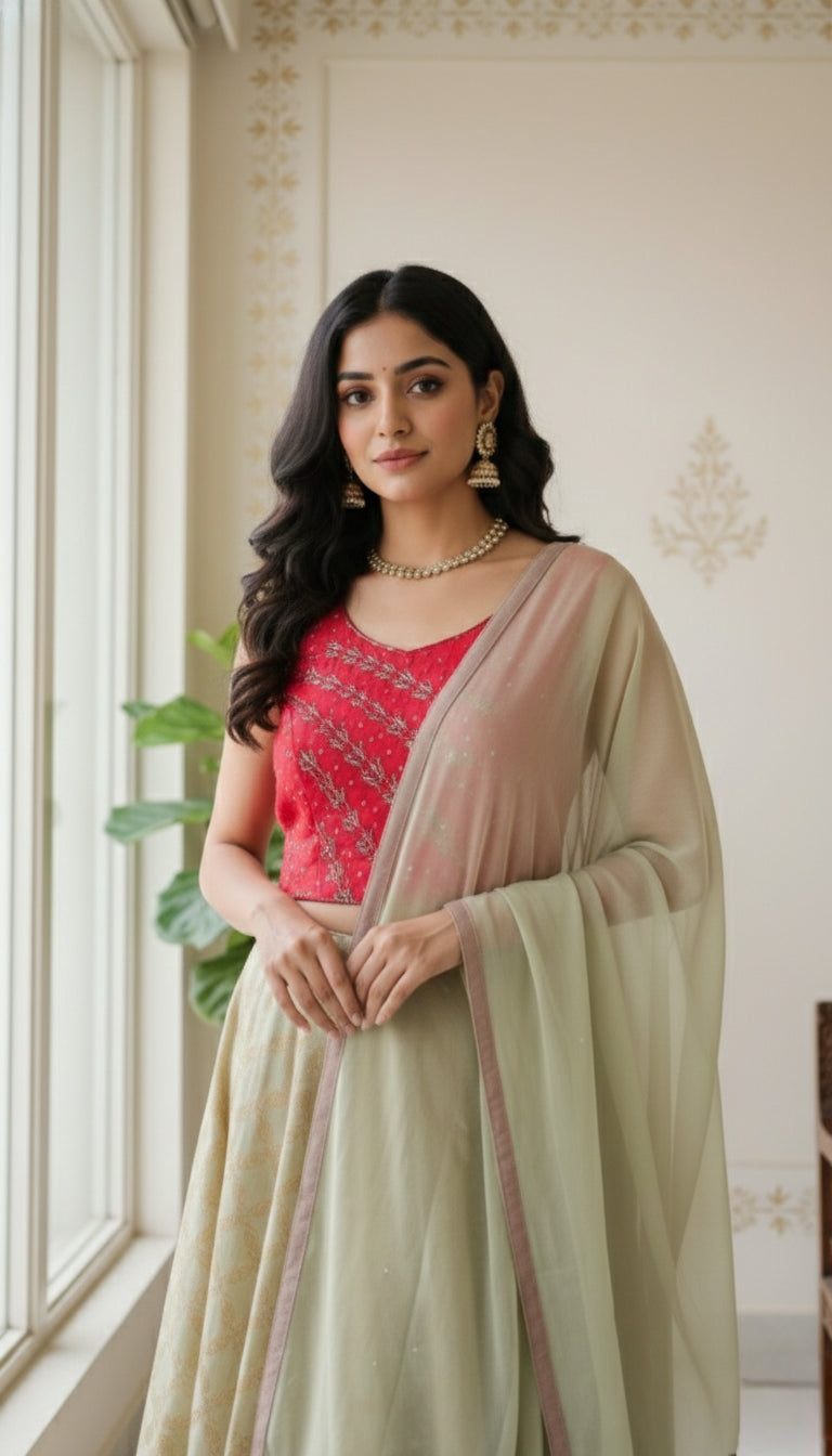Women Multicolour Embroidery Net Crop Top Lehenga Dupatta Set