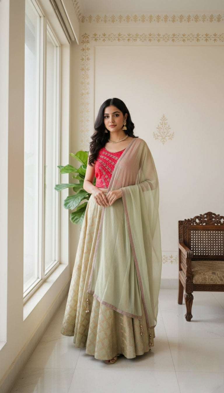 Women Multicolour Embroidery Net Crop Top Lehenga Dupatta Set