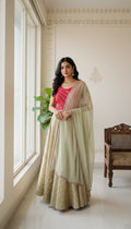 Women Multicolour Embroidery Net Crop Top Lehenga Dupatta Set