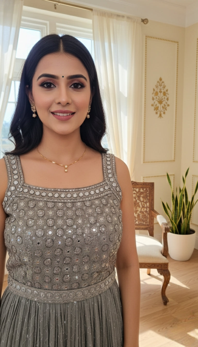 Women Grey Embroidery Georgette  Long Gown