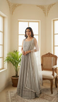 Women Grey Embroidery Georgette  Long Gown