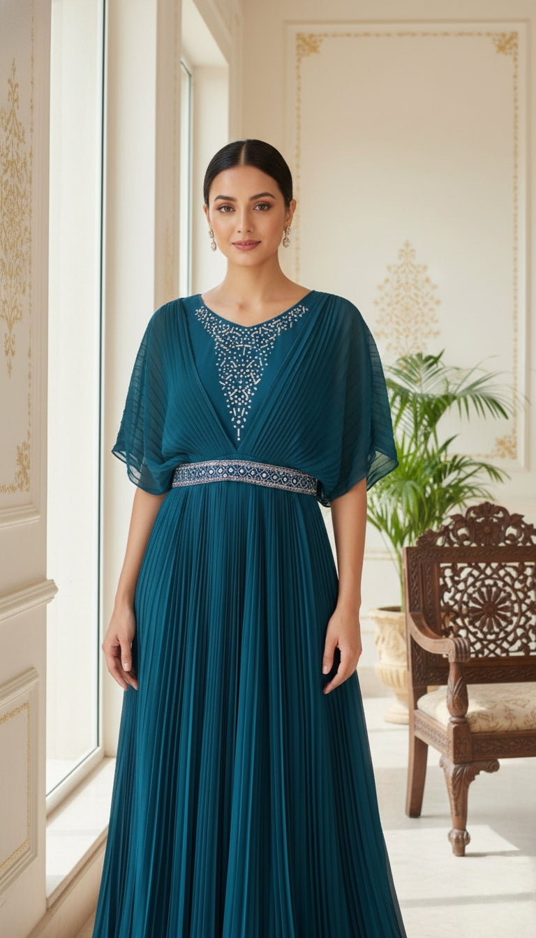 Women Teal Blue Embroidered Georgette Gown