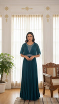 Women Teal Blue Embroidered Georgette Gown