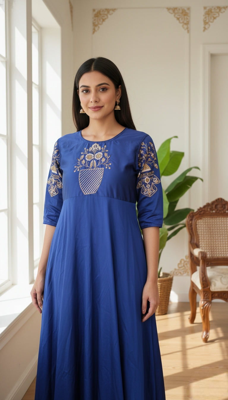 Women Blue Embroidered Silk Gown