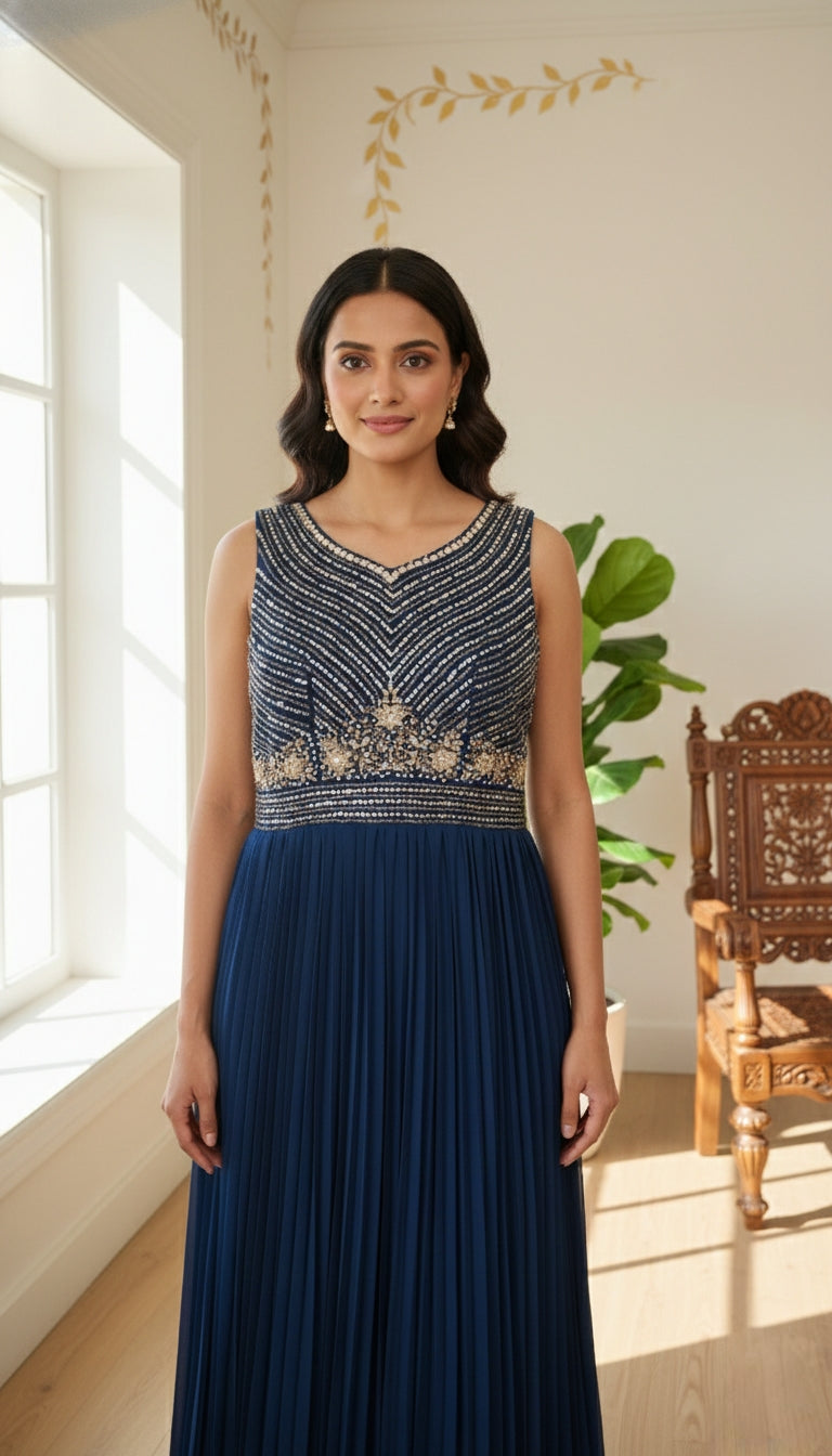 Women Navy Blue Embroidered Georgette Gown