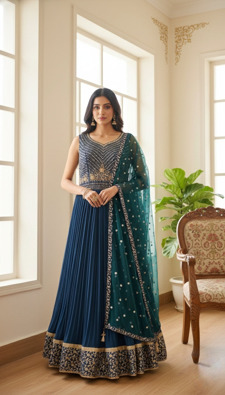 Women Teal Blue Embroidered Georgette Gown