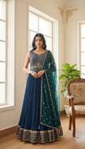 Women Teal Blue Embroidered Georgette Gown