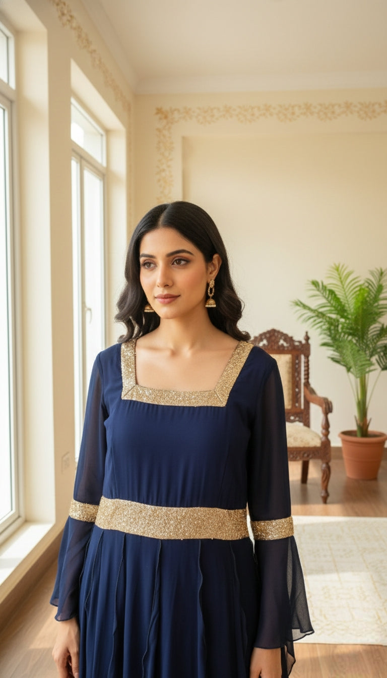 Women Navy Blue Embroidered Georgette Gown