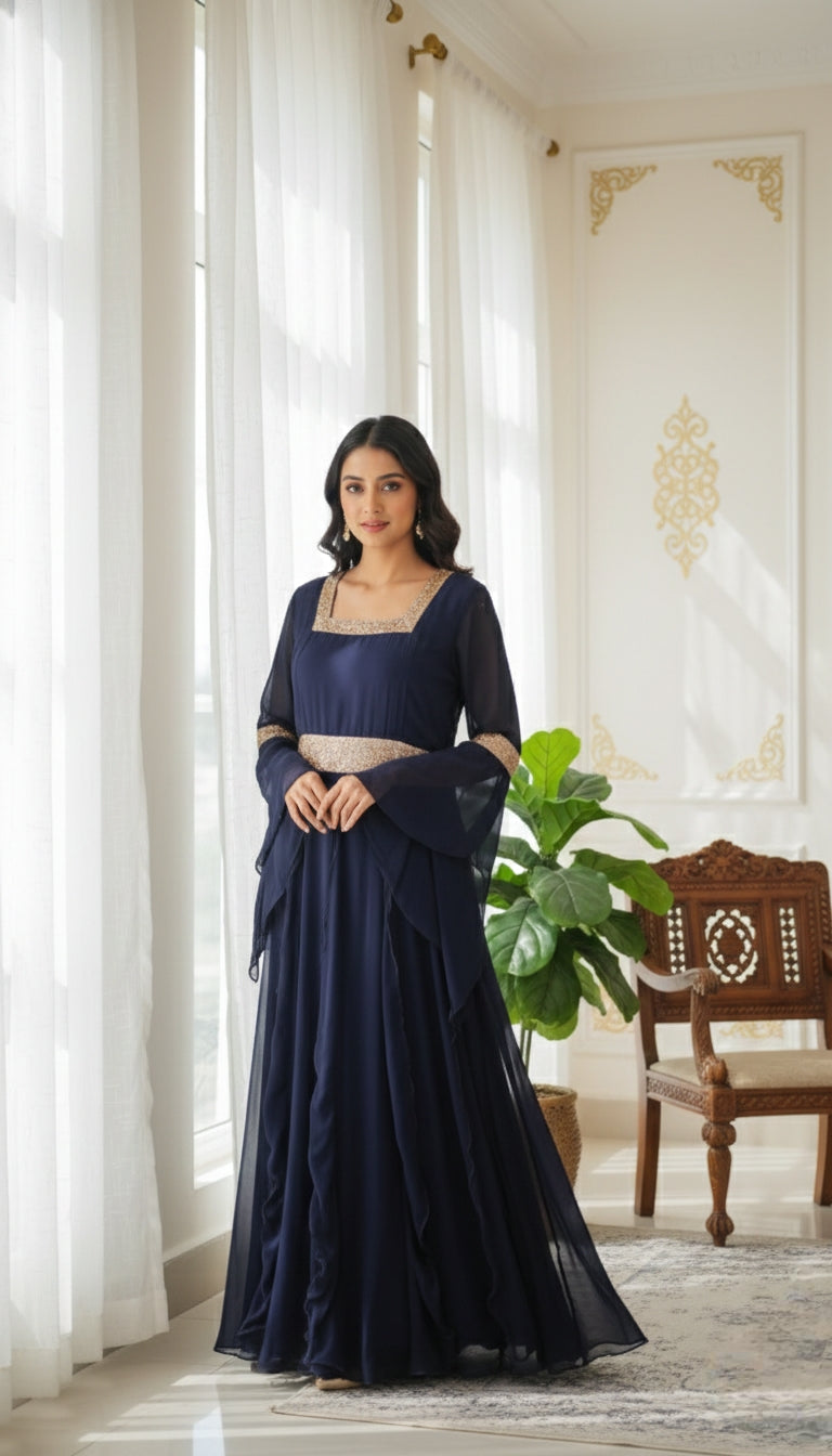Women Navy Blue Embroidered Georgette Gown