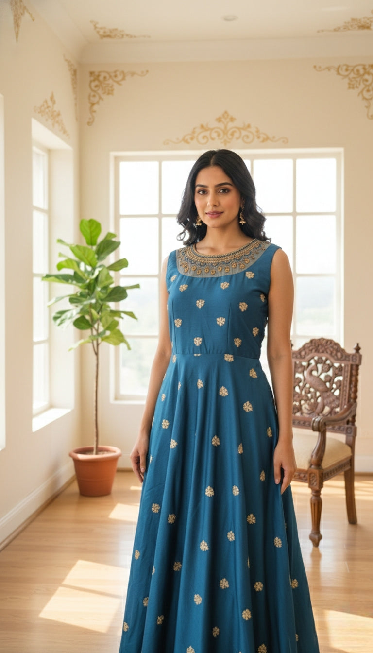 Women Teal Blue Embroidered Silk Gown Dupatta Set