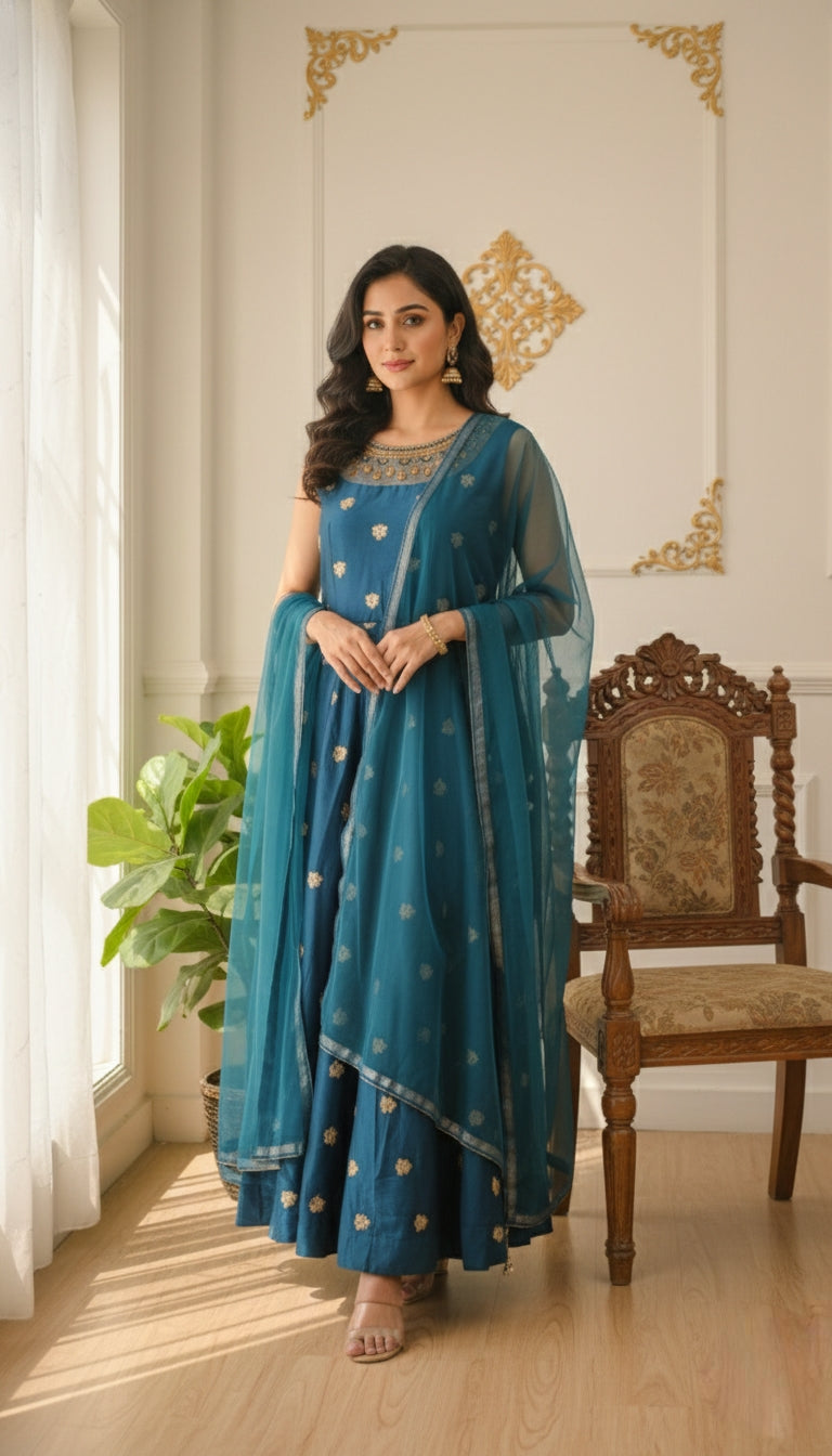 Women Teal Blue Embroidered Silk Gown Dupatta Set