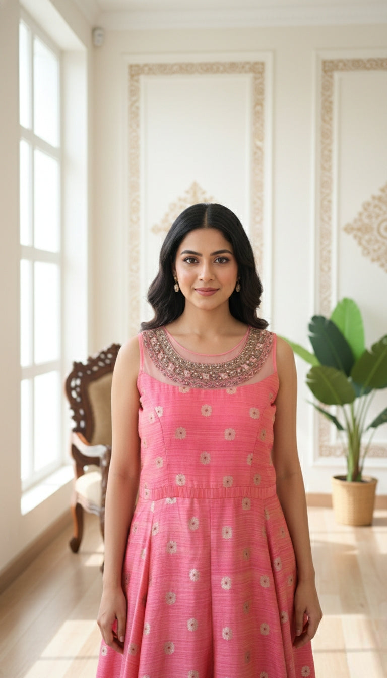Women Orange Embroidered Silk Gown