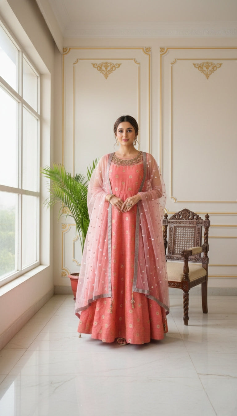 Women Orange Embroidered Silk Gown