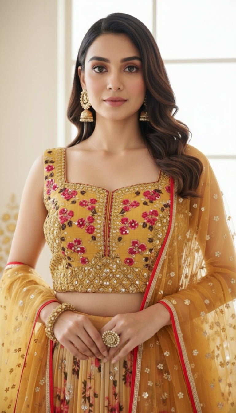 Women Yellow Embroidered Georgette Crop Top Lehenga Set