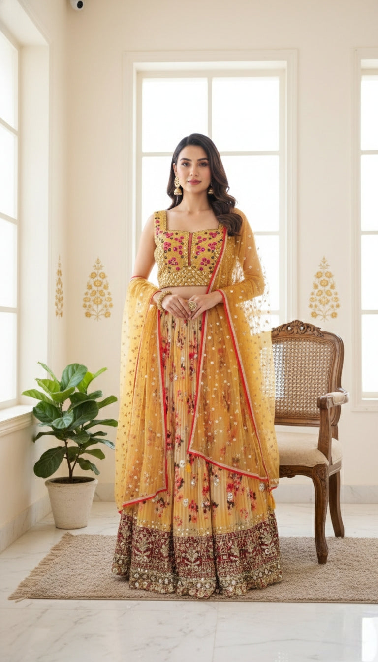 Women Yellow Embroidered Georgette Crop Top Lehenga Set