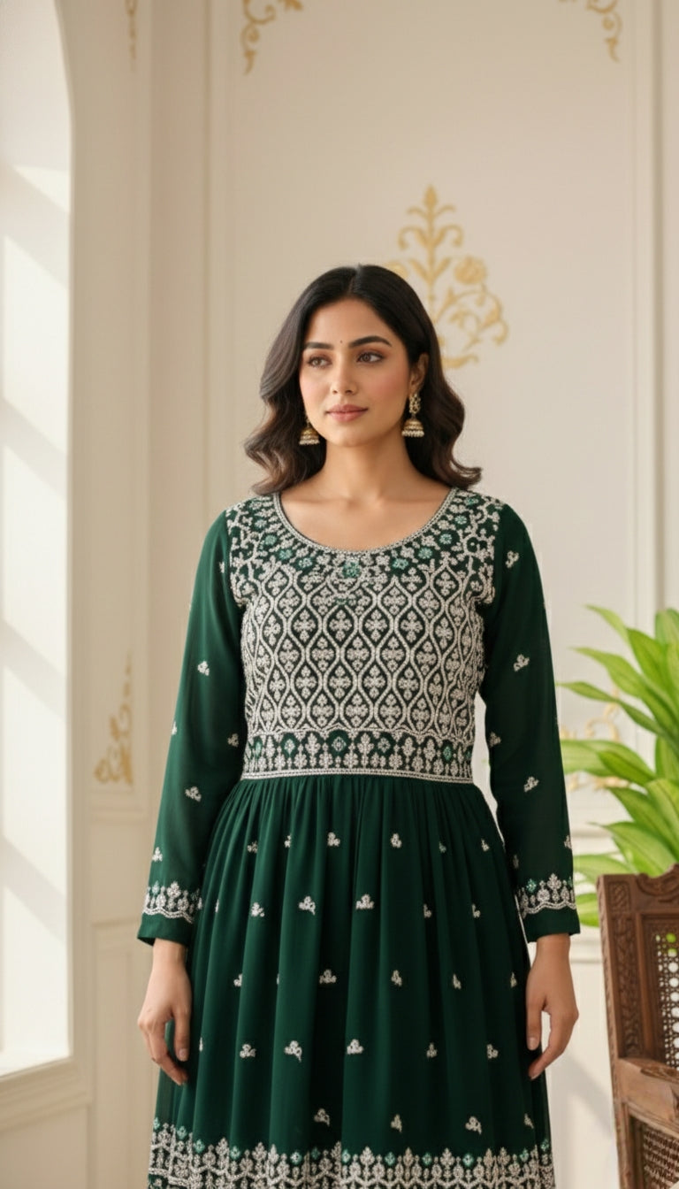 Women Green Diamond Work Georgette Sharara Set